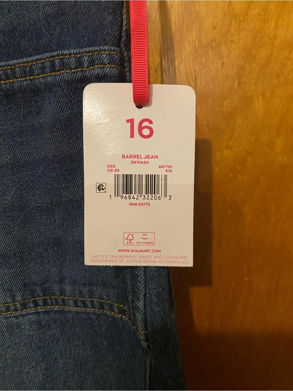 Justice Girl's Denim Barrel Blue Jeans Color Dark Wash Size 16